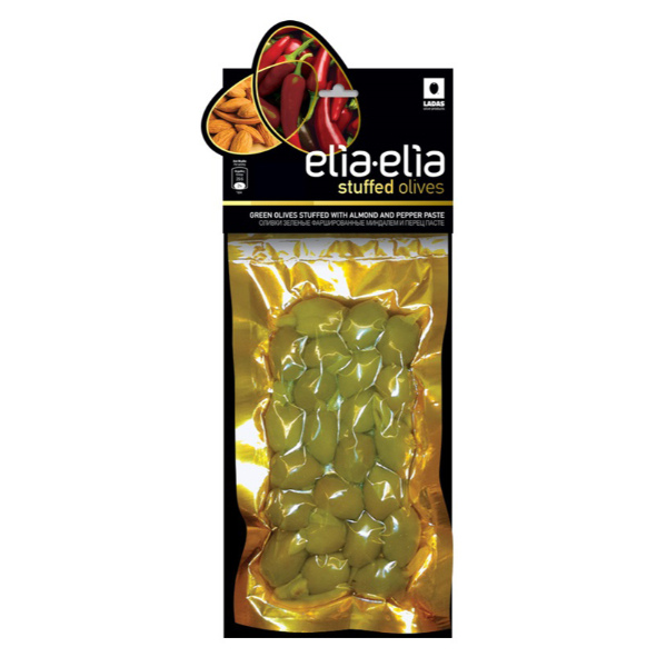 “elia-elia” halkidiki green olives stuffed with red pepper paste & almond in vacuum pack