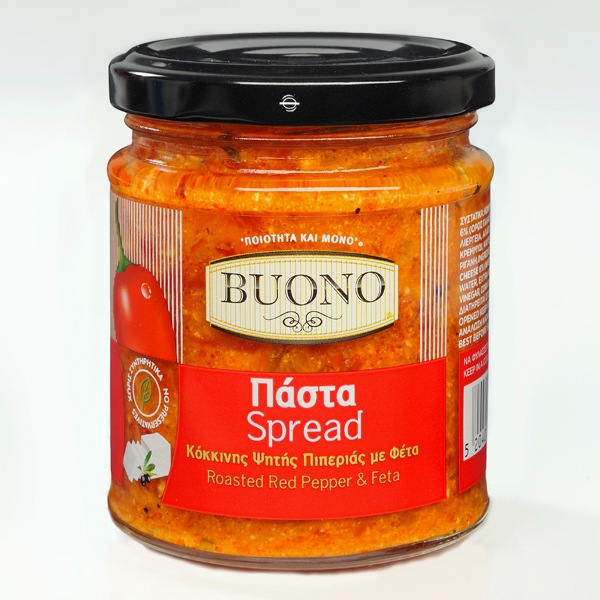 “buono” roasted red peppers paste with feta in jar