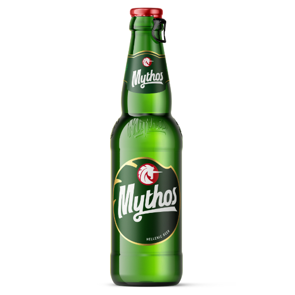 “mythos” beer in glass bottle