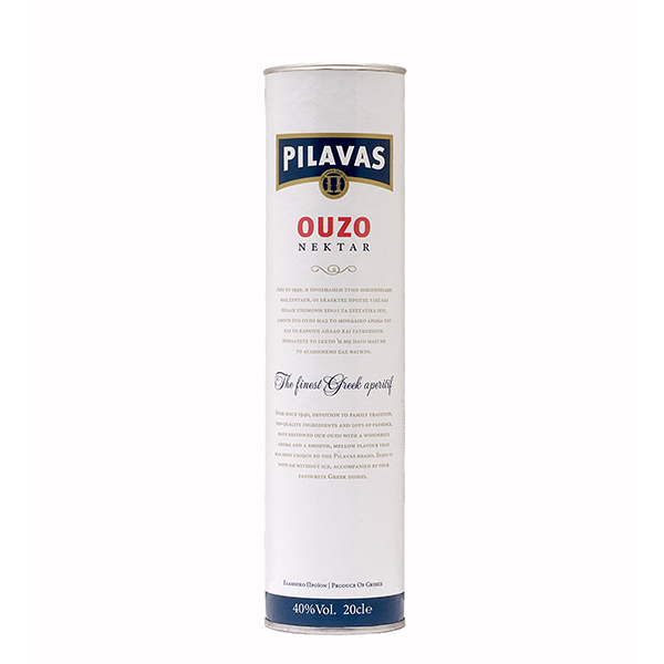 “pilavas” ouzo 40% in glass bottle into round box