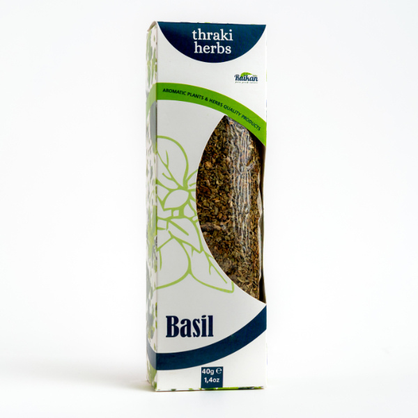 basil in plastic bag into carton box with window