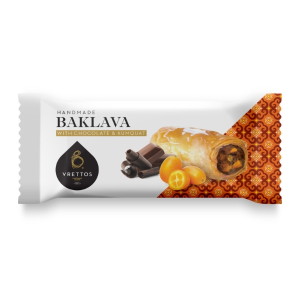 “vrettos” baklava traditional greek sweet with dark chocolate & koumquat in portion