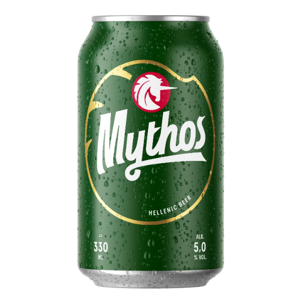“mythos” beer in tin