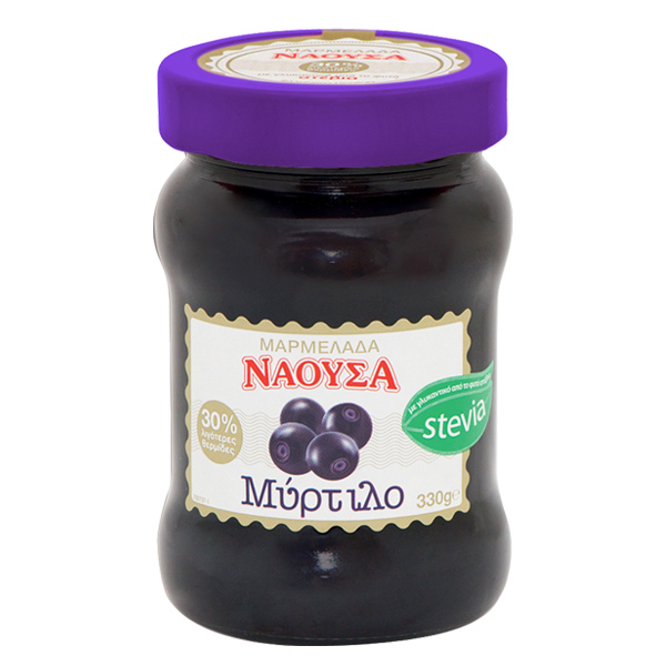 “naoussa extra” jam with stevia blueberry in glass jars