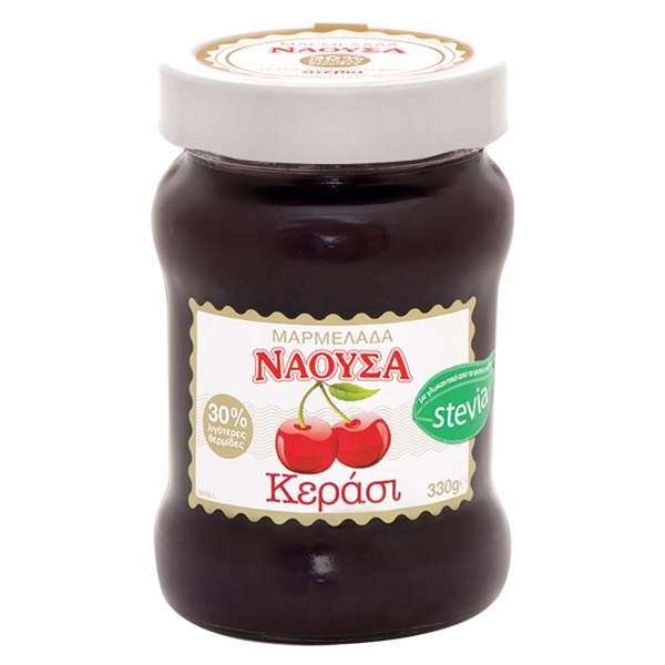 “naoussa extra” jam with stevia cherry in glass jars